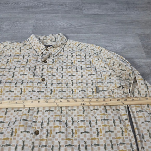 Woolrich Fish Print Button Up Long‎ Sleeve Outdoor Shirt Beige Size L - Picture 3 of 5